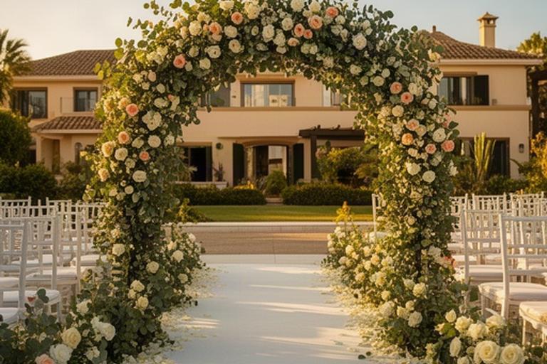 Arco floral de ceremonia instalado frente a una finca de la Costa del Sol con pasillo decorado