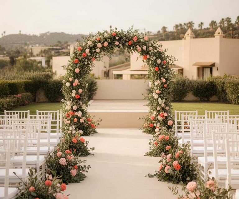 Ceremonia de boda al aire libre en una finca de Marbella con arco de flores frescas y sillas blancas