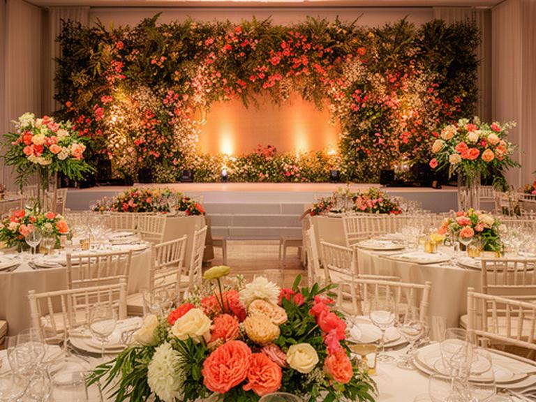 Salón corporativo en Marbella con escenario iluminado, mesas vestidas y arreglos florales en tonos coral y verde