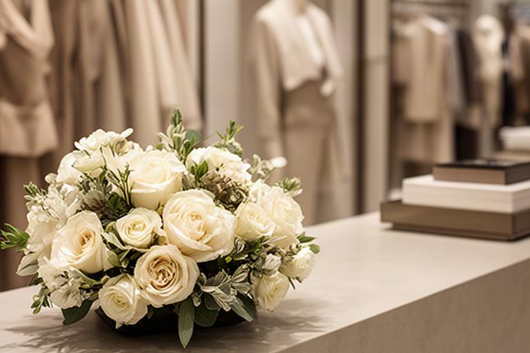 Composición floral compacta en tonos crema junto a un mostrador de boutique de moda