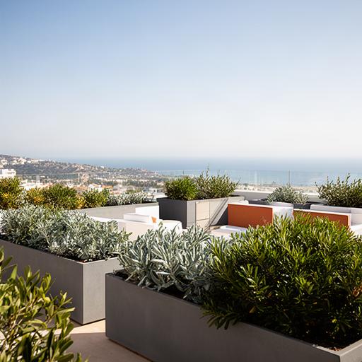 Azotea de Marbella con plantas resistentes al viento marítimo, jardineras y vistas hacia la costa