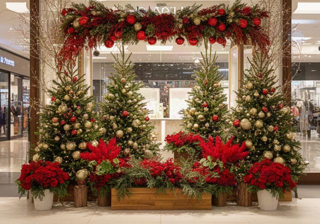 Escaparate de centro comercial con abetos, flores rojas y decoración navideña elegante
