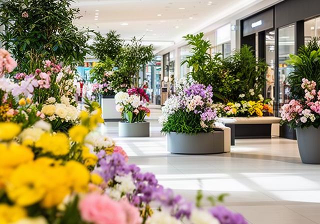 Decoración floral de primavera con flores frescas y plantas en una galería comercial