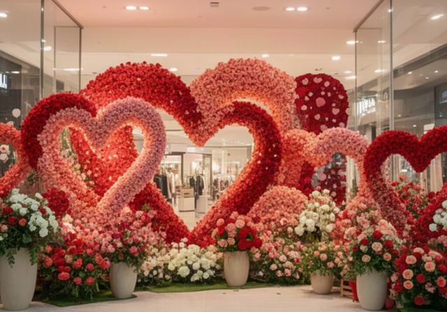 Instalación floral de San Valentín en la entrada de un centro comercial de Marbella
