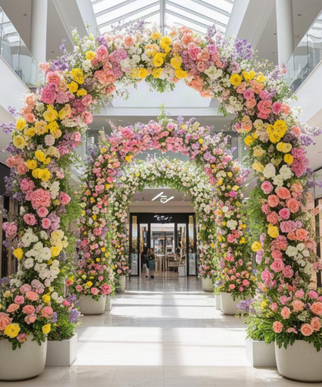 Campaña floral de primavera en un centro comercial de Marbella con arcos de flores frescas