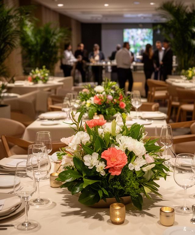 Cena de empresa con centros florales bajos y plantas en la zona de networking