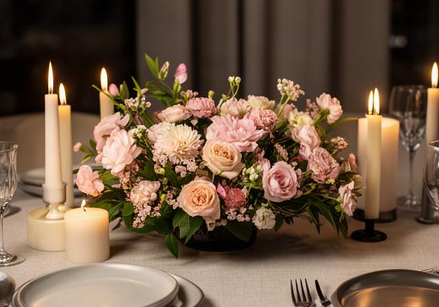 Centro floral bajo con velas y flores rosas para una cena de San Valentín
