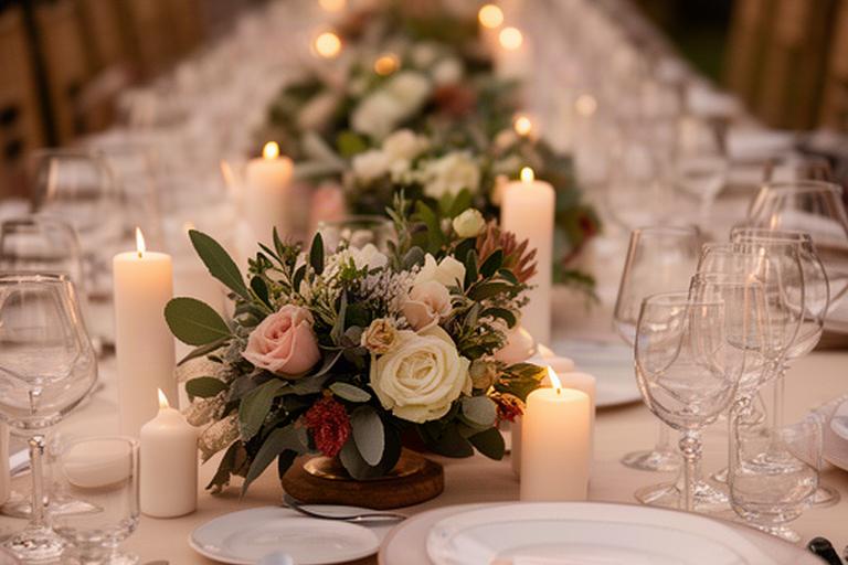 Mesa de banquete de boda en Marbella con centros florales bajos, velas y vajilla clara