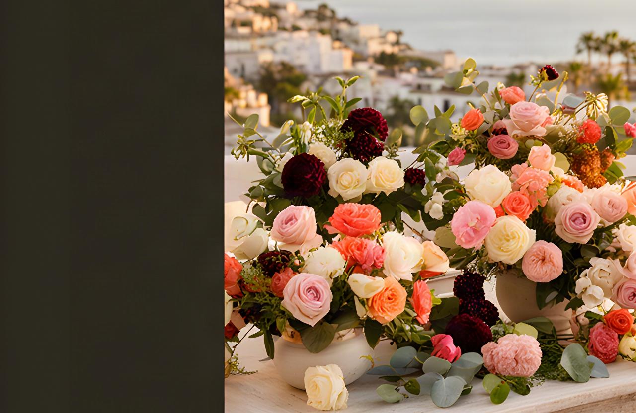 Composición de flores frescas de temporada sobre una mesa mediterránea en Marbella