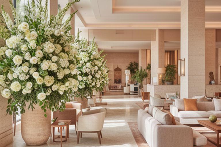 Composición floral amplia en el vestíbulo de un hotel de Marbella junto a una zona de invitados