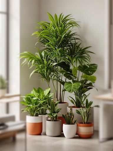 Composición de plantas tropicales de interior en macetas decorativas para un despacho luminoso