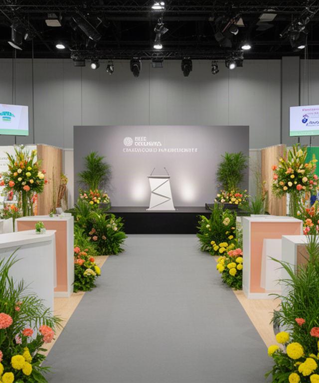 Escenario de congreso en Málaga con plantas de temporada y stands decorados con flores