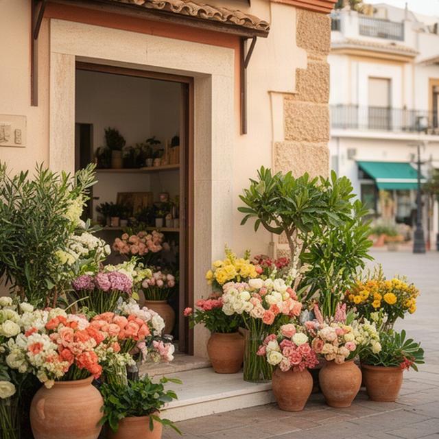 Entrada de una floristería mediterránea junto a la Plazoleta Blas Infante en Marbella, con ramos frescos y plantas verdes