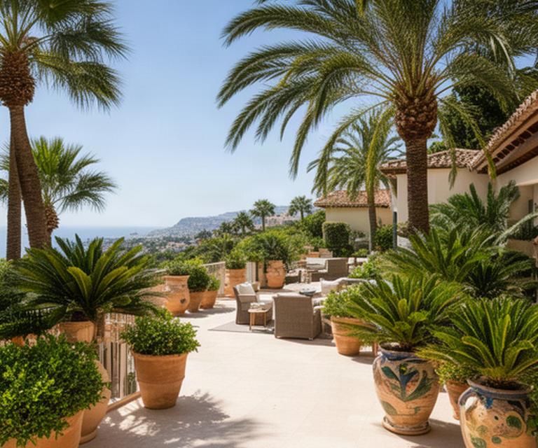 Terraza de villa en Marbella con palmeras, plantas resistentes al sol y macetas mediterráneas