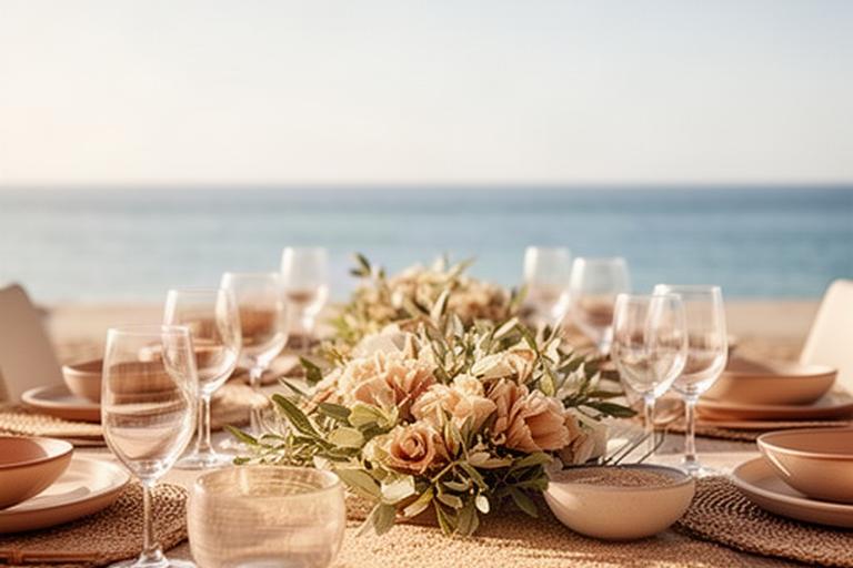 Mesa de beach club en Marbella decorada con flores de tonos arena y verdes suaves