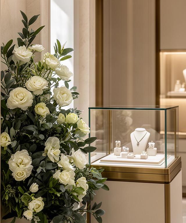 Arreglo floral blanco y verde junto a una vitrina de joyería en un espacio de lujo de Marbella