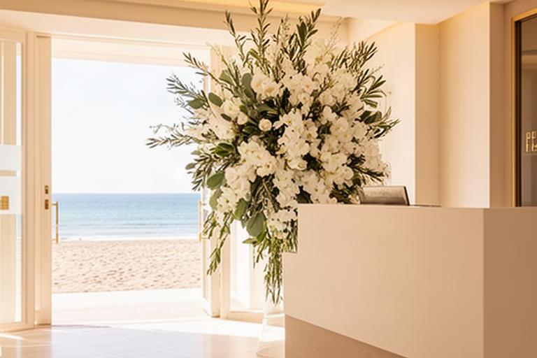 Recepción de hotel de playa en Marbella con flores blancas y follaje mediterráneo