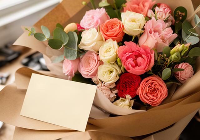 Detalle floral con tarjeta personalizada y flores frescas listo para entregar en Marbella