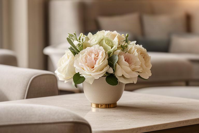 Pequeño detalle floral en una mesa auxiliar de una zona de invitados de lujo