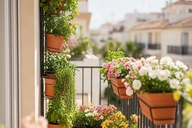 Balcón pequeño en Marbella con plantas en altura, jardineras compactas y flores de temporada
