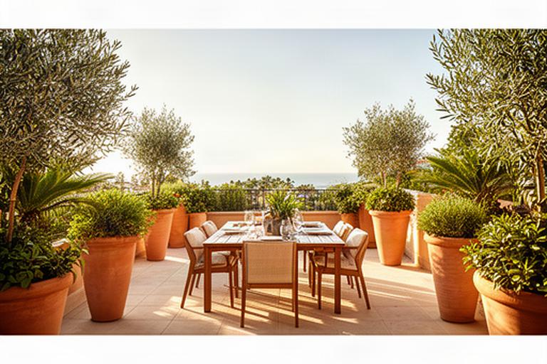 Terraza amplia con plantas resistentes al sol, macetas altas y zona de comedor exterior en Marbella