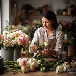 Mahamudu Catacoli seleccionando flores de temporada junto a una mesa de trabajo en Marbella