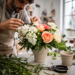 Coulibaly Acosta preparando un arreglo floral bajo luz natural en el taller de Marbella