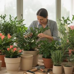 Nore Algorta cuidando plantas ornamentales y recipientes reutilizables en un taller floral