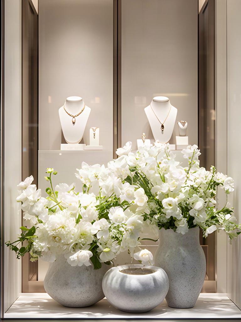 Escaparate de joyería de alta gama con arreglo floral blanco y recipientes de piedra clara
