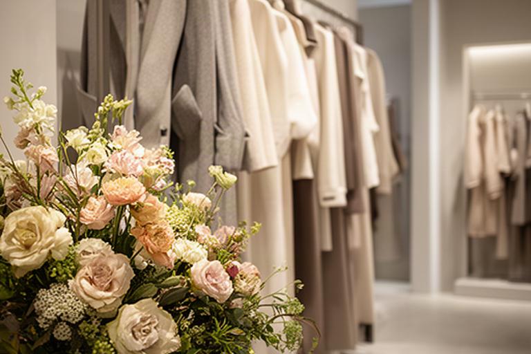 Boutique de moda con flores de temporada junto a prendas en tonos neutros