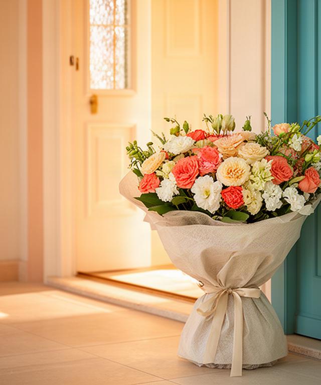 Ramo de flores frescas envuelto para entrega junto a una puerta luminosa de Marbella