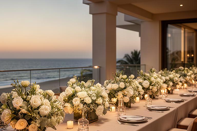 Cena privada al aire libre en un hotel de playa con centros florales elegantes