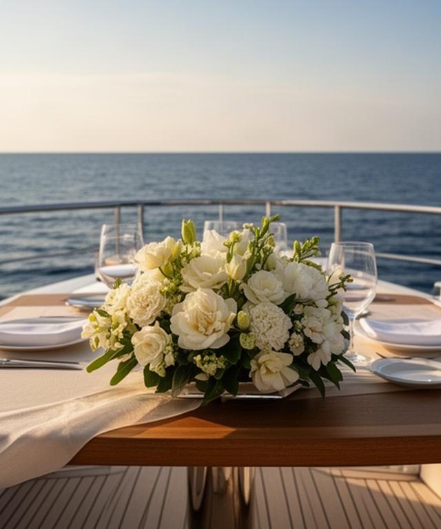Composición floral estable sobre una mesa de cubierta de yate durante una recepción privada