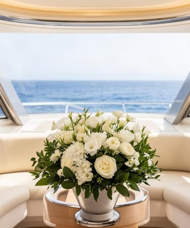 Arreglo floral compacto en un salón luminoso de yate privado con vistas al Mediterráneo