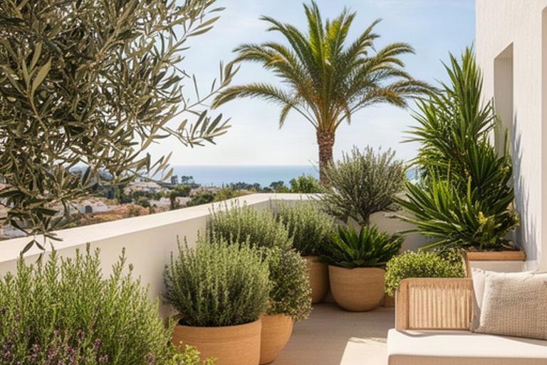 Plantas mediterráneas en la terraza soleada de una villa de la Costa del Sol