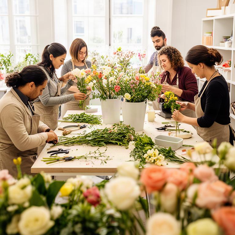 Equipo de floristas preparando flores de temporada en un taller luminoso de Marbella