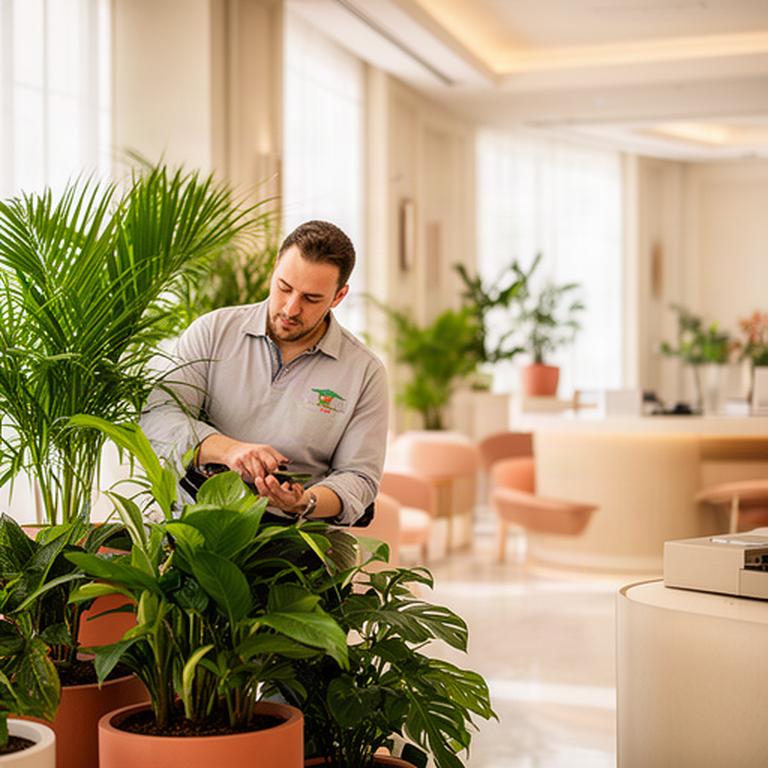 Profesional revisando plantas interiores junto a una recepción luminosa en Marbella