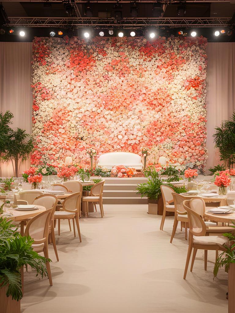 Montaje corporativo con fondo floral de escenario, centros bajos en mesas y plantas en una zona de networking