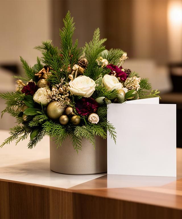 Centro floral navideño con ramas verdes y tarjeta corporativa sobre un mostrador elegante