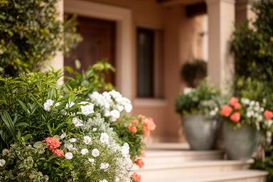 Jardineras con plantas verdes y florales en la entrada de una villa mediterránea de Marbella