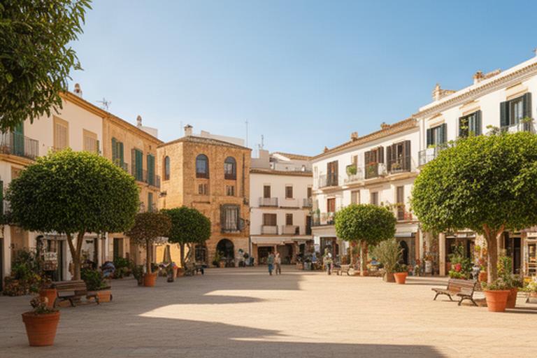 Plazoleta Blas Infante en Marbella, espacio urbano soleado próximo al taller de flores