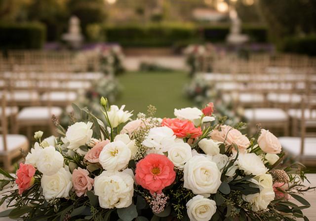 Arreglo floral de flores de proximidad en una ceremonia de boda al aire libre en Marbella