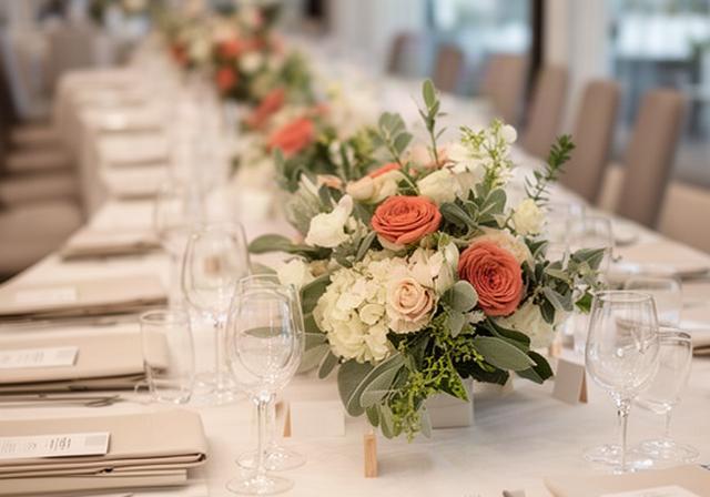 Mesa de evento corporativo con composición floral contemporánea en la Costa del Sol