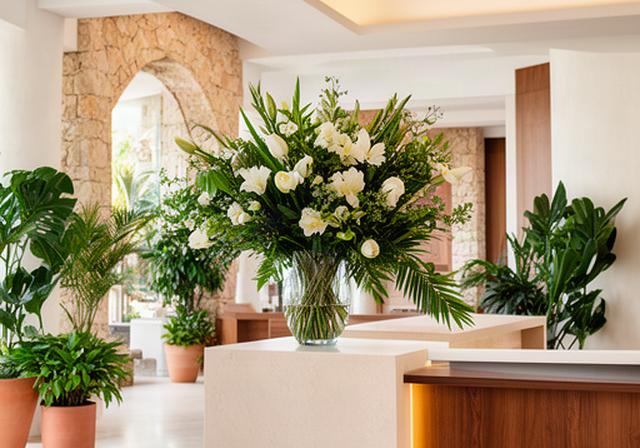 Recepción de hotel boutique en Marbella decorada con flores frescas y follaje verde