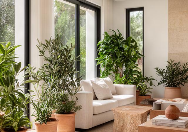 Plantas mediterráneas de bajo mantenimiento en el salón luminoso de una villa de Marbella