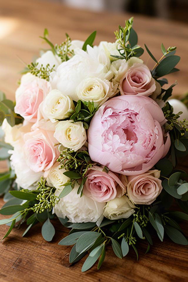 Ramo de novia con rosas, peonías y follaje verde sobre una mesa de madera en Marbella