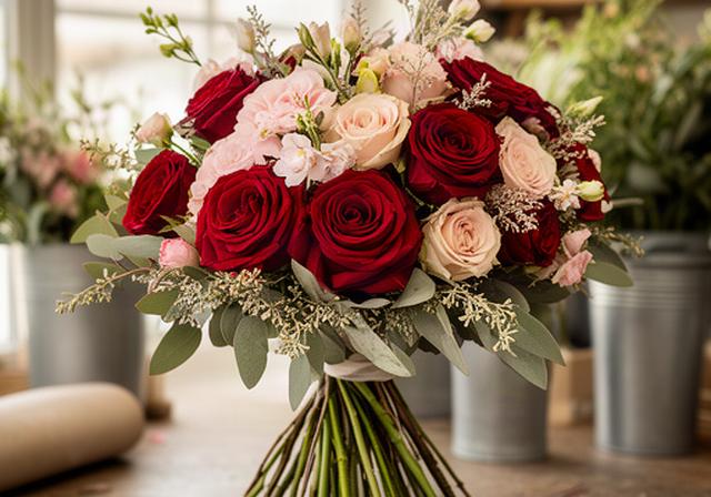 Ramo romántico de rosas rojas y flores rosadas en un taller floral de Marbella