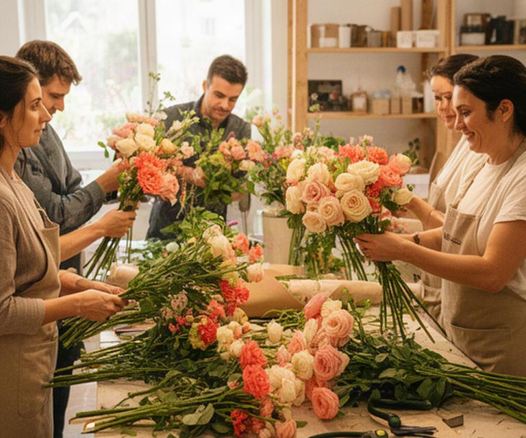 Floristas preparando ramos de temporada en el taller luminoso de Brisa Tallo S.L. en Marbella