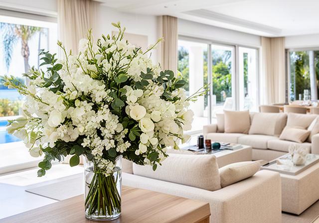 Ramo blanco en el salón luminoso de una villa preparada para fotografías inmobiliarias en Marbella