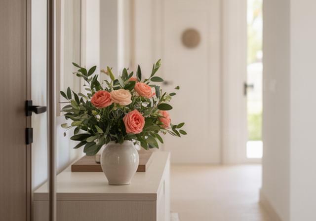 Pequeño arreglo floral recién colocado en la entrada de una propiedad durante una visita de venta